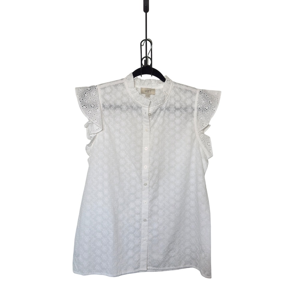 Loft Women Medium White Eyelet Ruffle Cap Sleeve Casual Cottagecore Boho